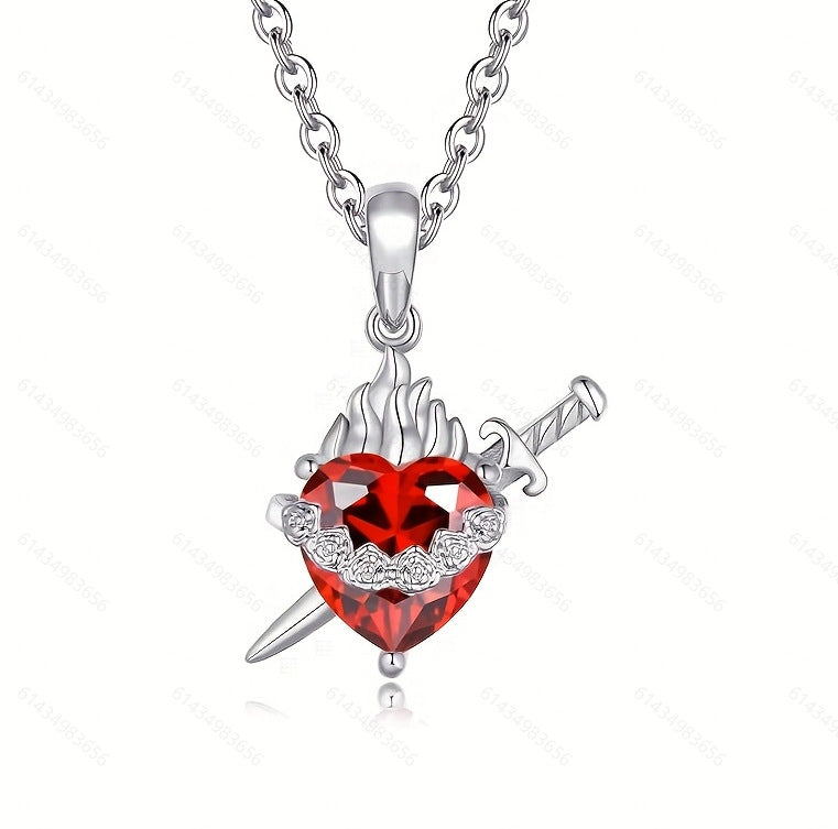 A red heart-shaped cross heart necklace with a chain