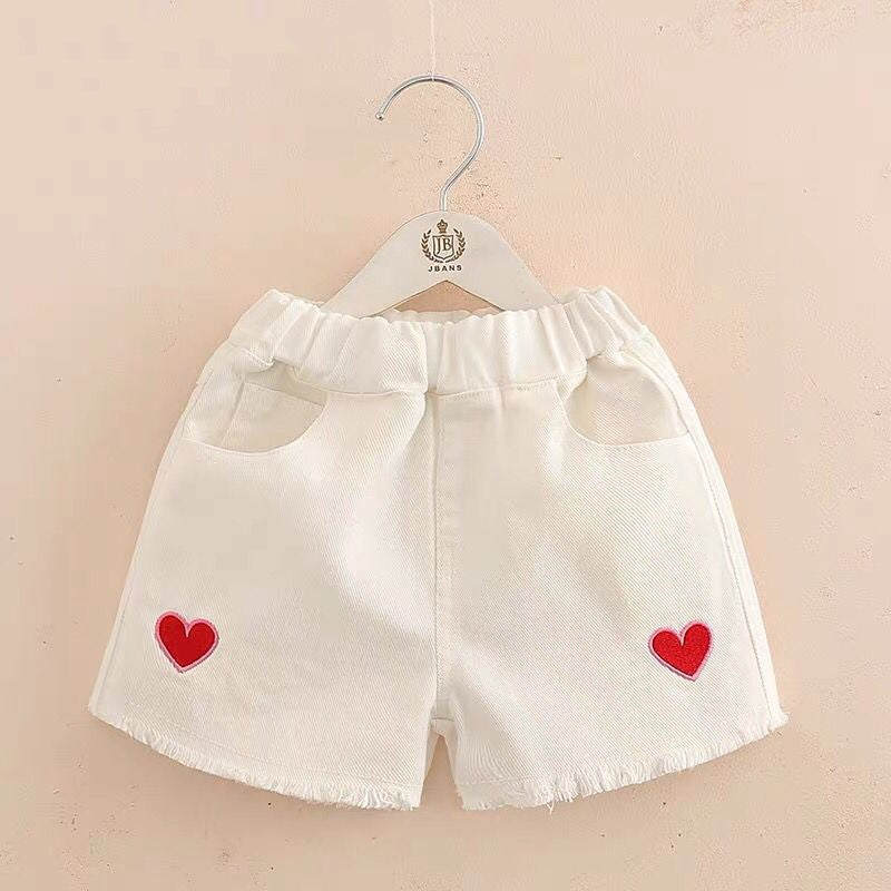 Girls' Summer Embroidered Heart Denim Shorts