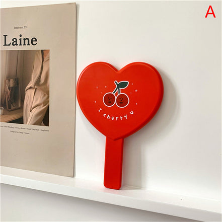Cherry Heart Handle Portable Makeup Mirror - Mini Size