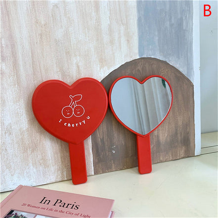 Cherry Heart Handle Portable Makeup Mirror - Mini Size