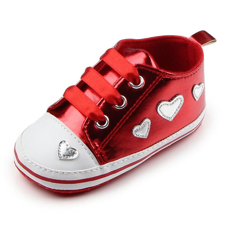 Shiny Leather Heart Soft Sole Baby Walking Shoes