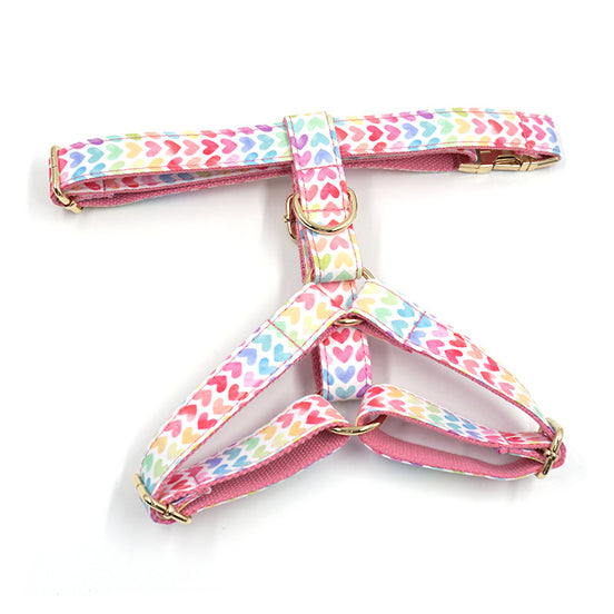 Colorful Heart Dog Harness with Gold Buckle