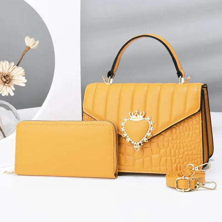 Quilted Handbag Set with Heart Decor & Long Wallet
