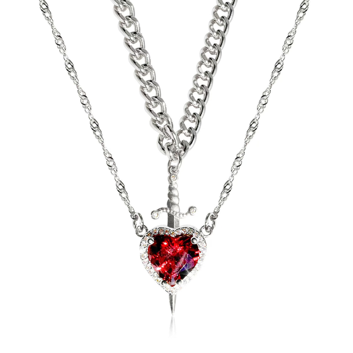 A red heart-shaped cross heart necklace with a chain