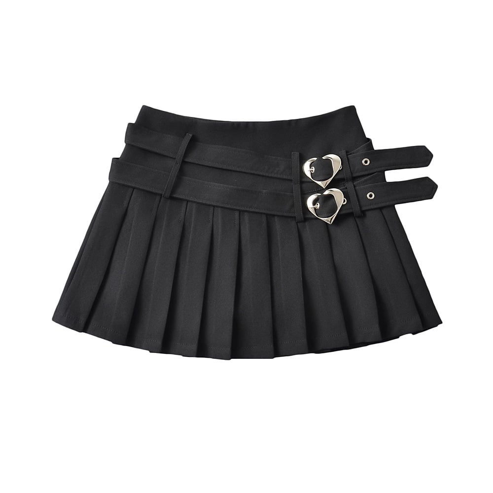 College Style Double Waist Heart Buckle Skirt