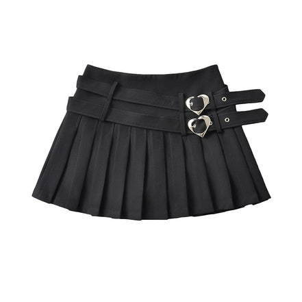College Style Double Waist Heart Buckle Skirt