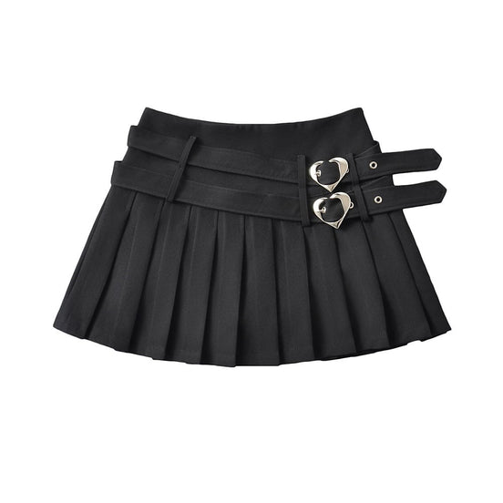 College Style Double Waist Heart Buckle Skirt