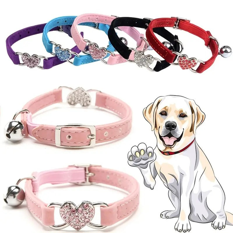 Cat Collar with Heart Flocking Diamond and Bell