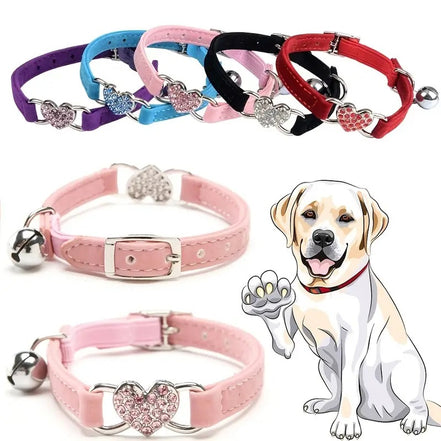 Cat Collar with Heart Flocking Diamond and Bell