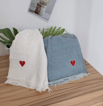 Girls' Summer Embroidered Heart Denim Shorts