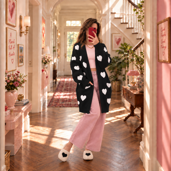 Long Heart Print Knit Cardigan for Women