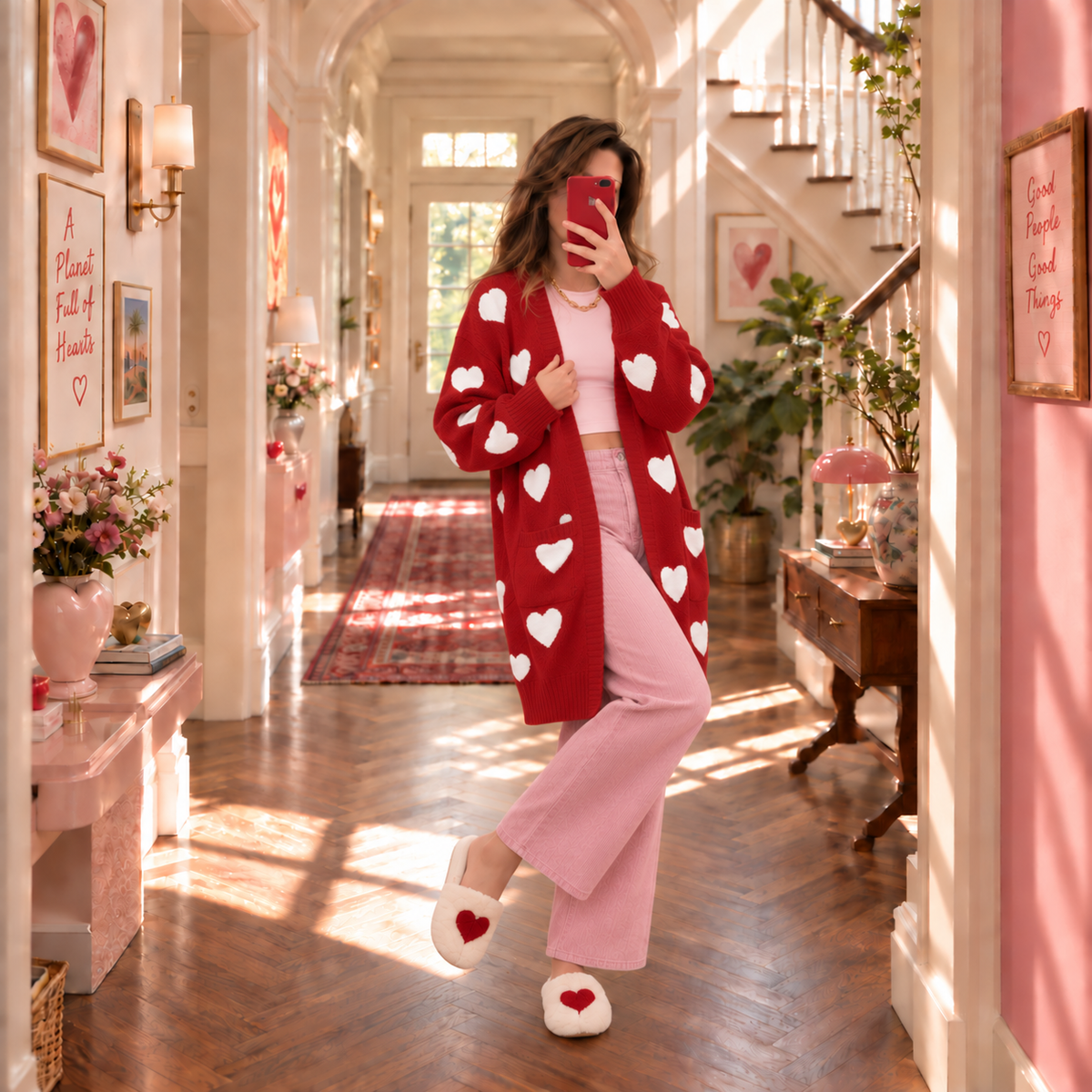 Long Heart Print Knit Cardigan for Women
