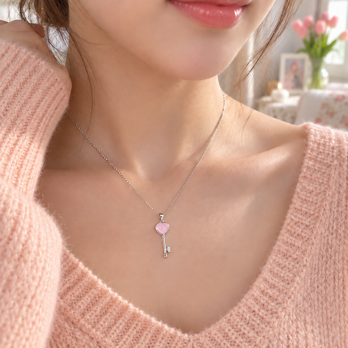 Korean Style Heart Pendant Necklace with Pink Stone