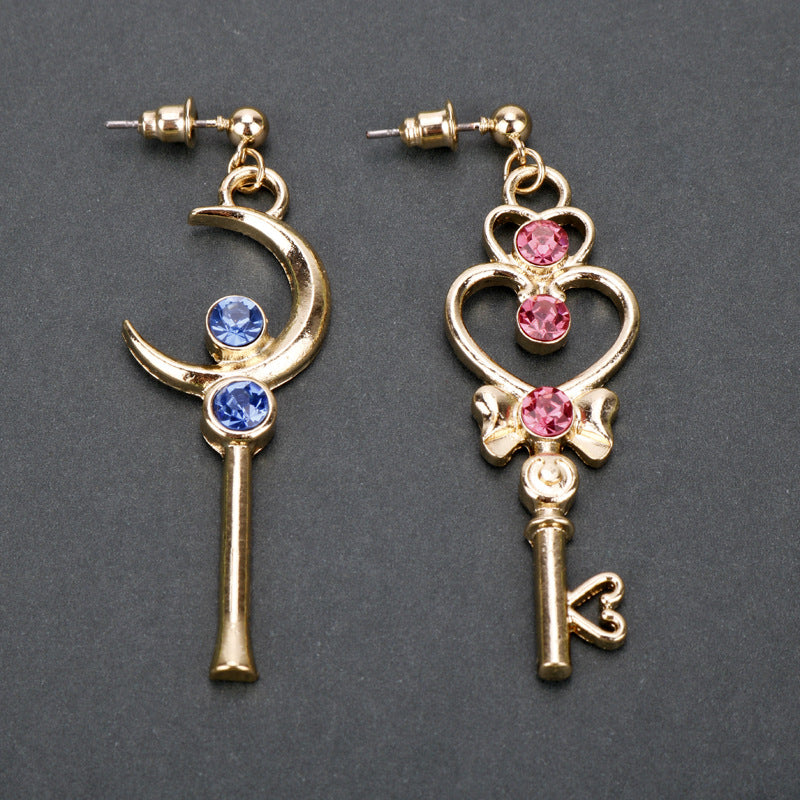 Sailor Moon Heart Key Long Asymmetric Earrings