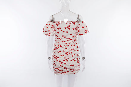 Summer Women's Heart Print Off-Shoulder Dress