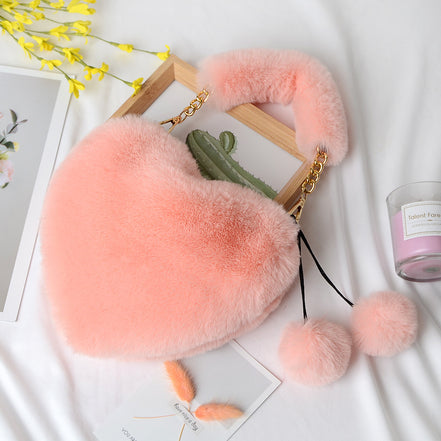Heart-shaped Plush Peach Handbag for Women
