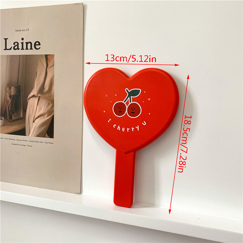 Cherry Heart Handle Portable Makeup Mirror - Mini Size