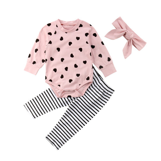 Infant Long Sleeve Heart Print Romper and Pants Set