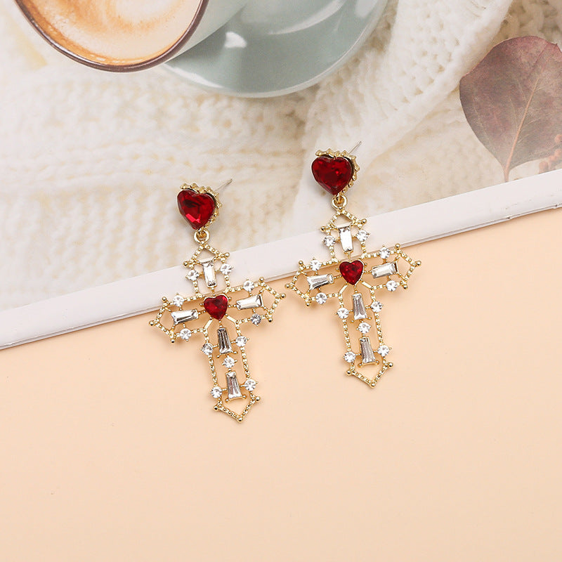 Gold Cross Earrings with Creative Heart Design