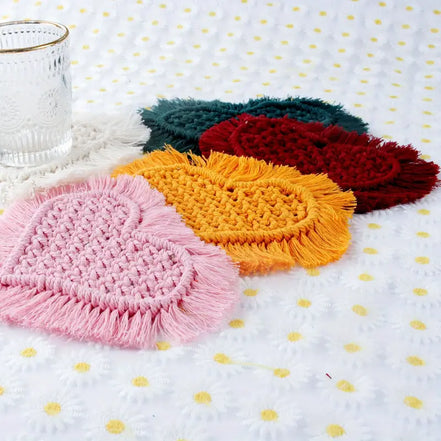 Handmade Heart Shape Cotton Rope Coaster with Tassel