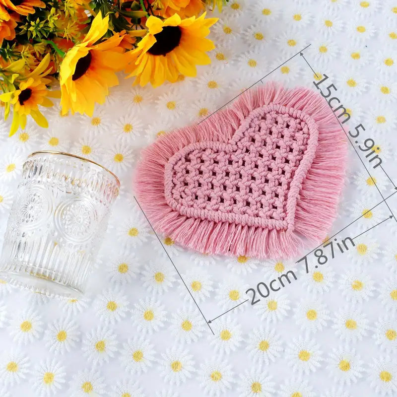 Handmade Heart Shape Cotton Rope Coaster with Tassel