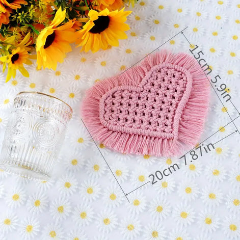Handmade Heart Shape Cotton Rope Coaster with Tassel