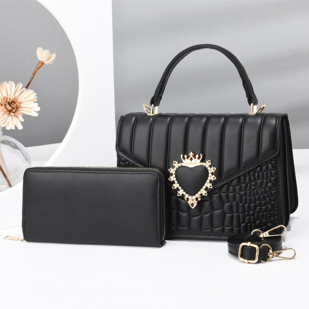Quilted Handbag Set with Heart Decor & Long Wallet