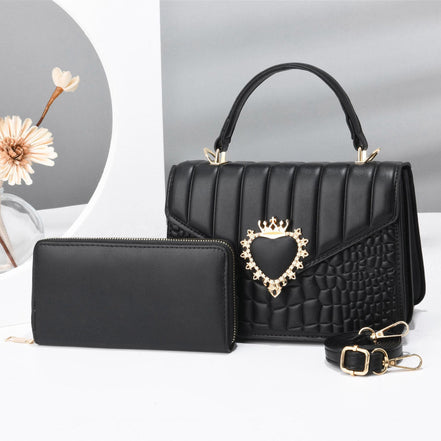Quilted Handbag Set with Heart Decor & Long Wallet