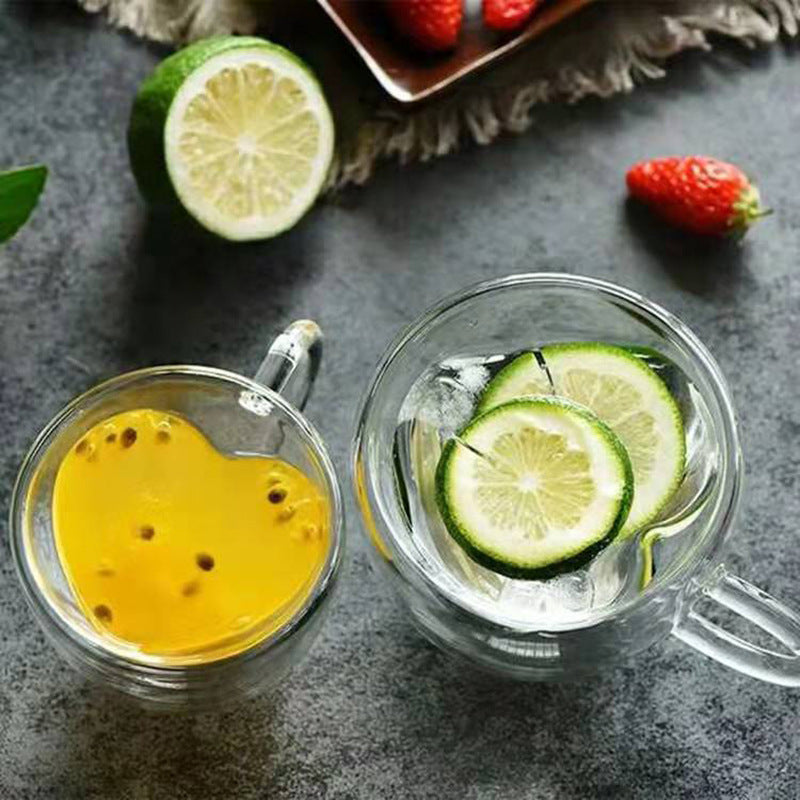 Heart Shaped Double Wall Glass Mug Set for Lovers