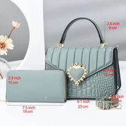 Quilted Handbag Set with Heart Decor & Long Wallet