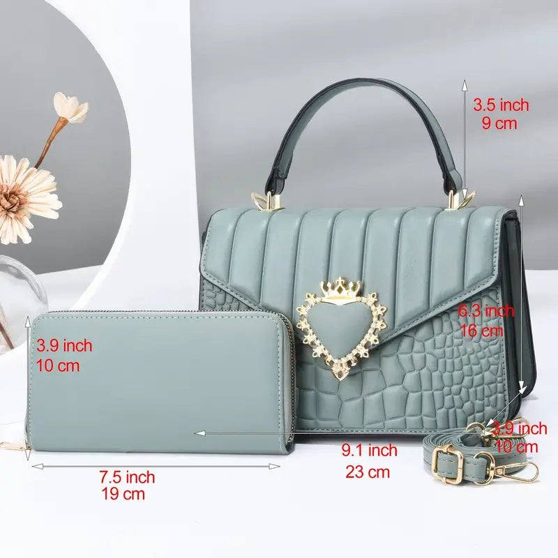 Quilted Handbag Set with Heart Decor & Long Wallet