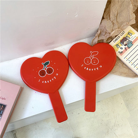 Cherry Heart Handle Portable Makeup Mirror - Mini Size