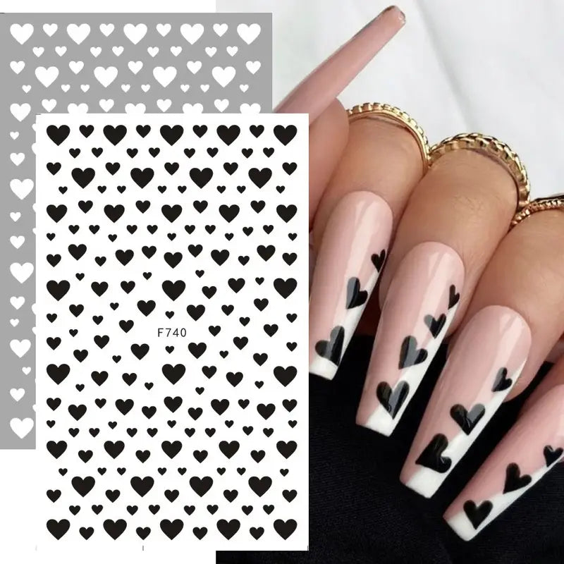 2pcs Black White 3D Love Heart Nail Art Stickers Set