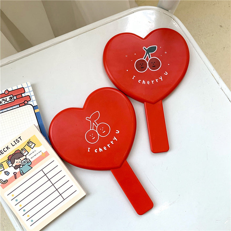 Cherry Heart Handle Portable Makeup Mirror - Mini Size
