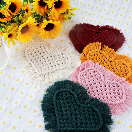Handmade Heart Shape Cotton Rope Coaster with Tassel