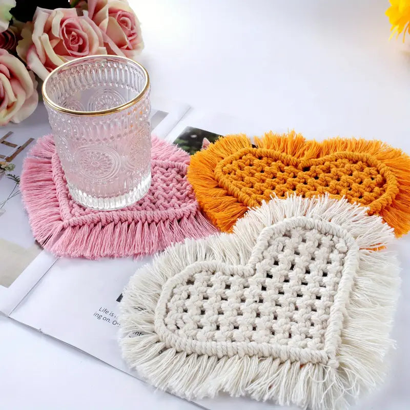 Handmade Heart Shape Cotton Rope Coaster with Tassel