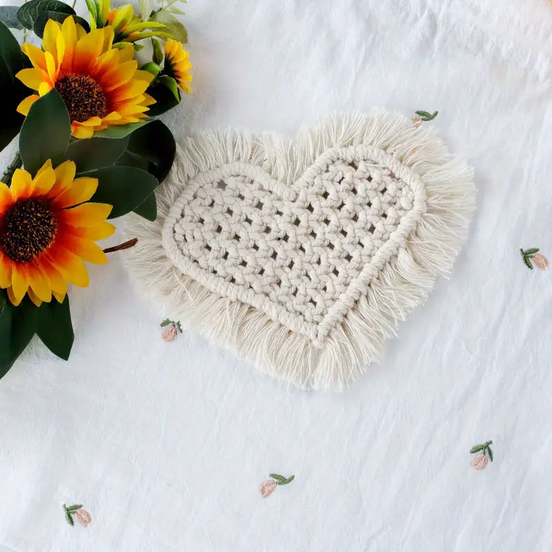Handmade Heart Shape Cotton Rope Coaster with Tassel