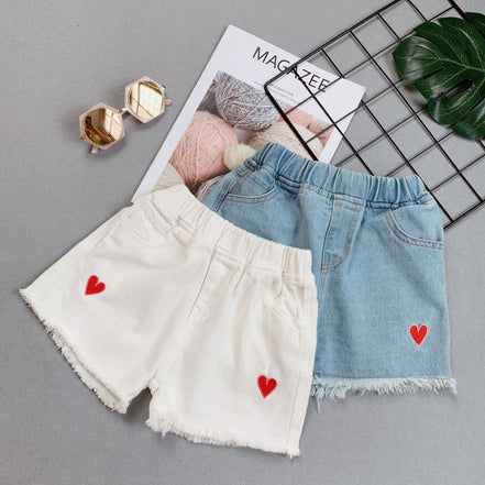 Girls' Summer Embroidered Heart Denim Shorts