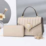 Quilted Handbag Set with Heart Decor & Long Wallet