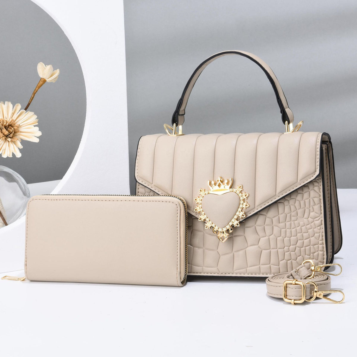 Quilted Handbag Set with Heart Decor & Long Wallet