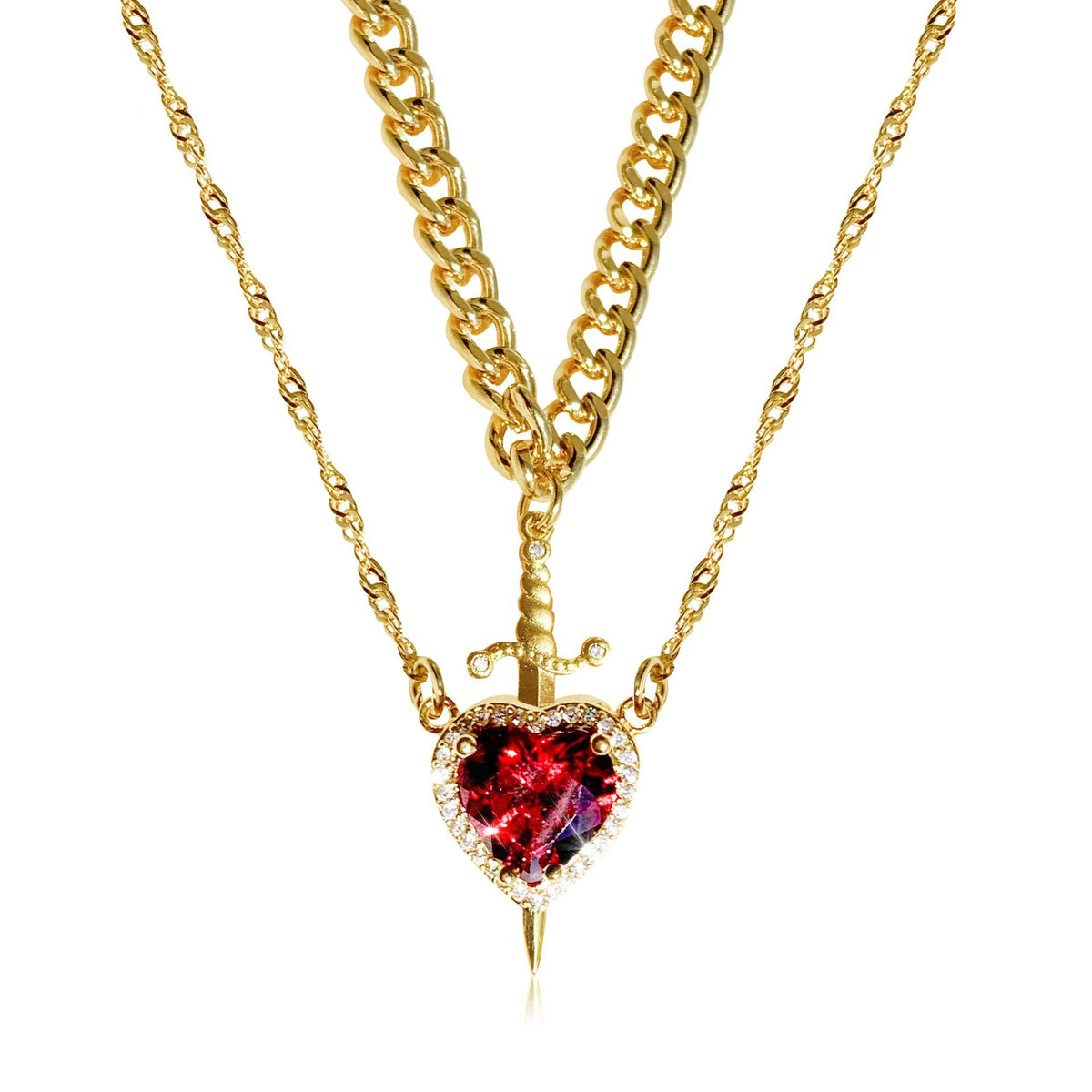 A red heart-shaped cross heart necklace with a chain