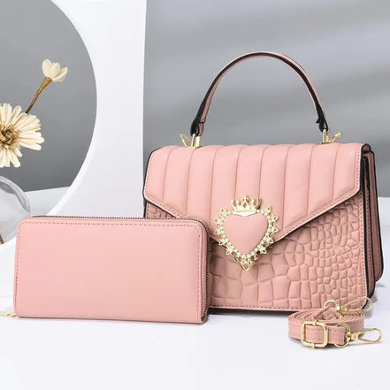 Quilted Handbag Set with Heart Decor & Long Wallet