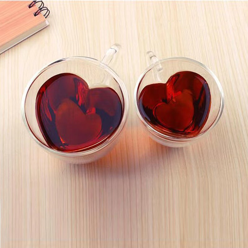 Heart Shaped Double Wall Glass Mug Set for Lovers